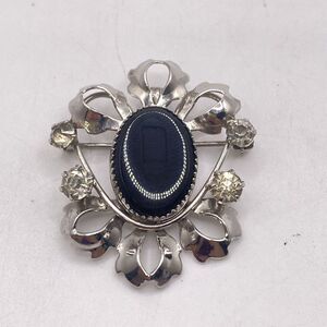 1950’s Black Foil Back Glass Cabochon Silver Tone Floral Brooch Pendant